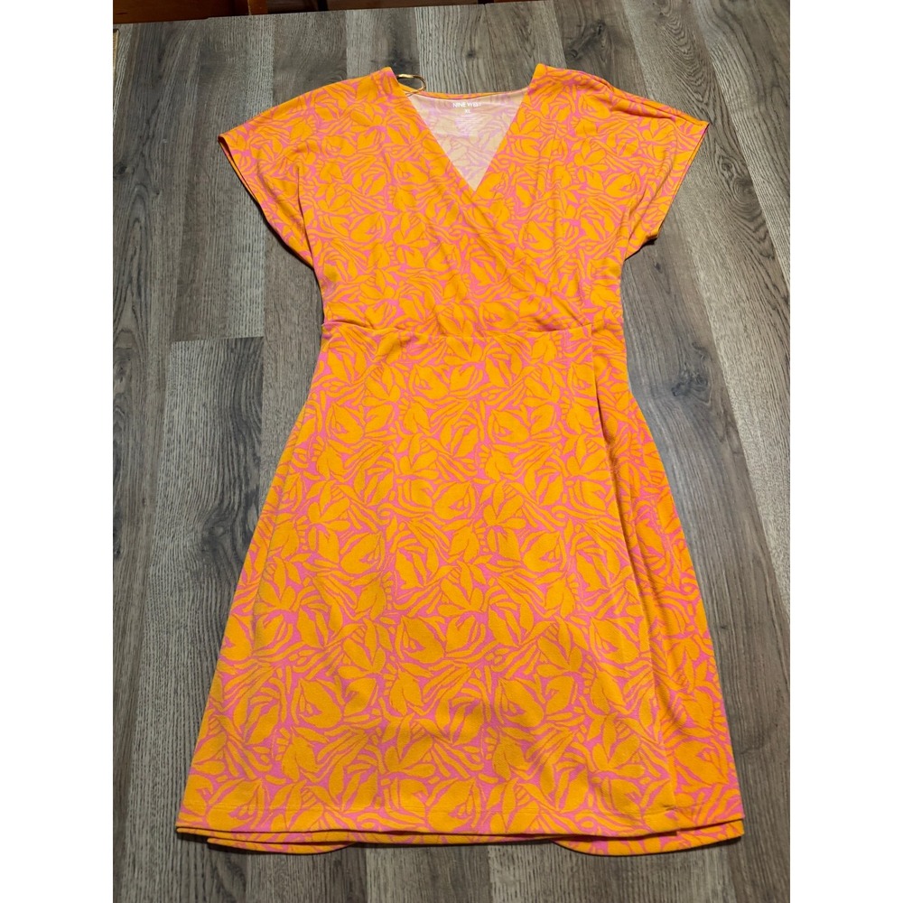 Nine West Dress Womens Size XL Orange Pink Faux Wrap Floral Knit Short Sleeve